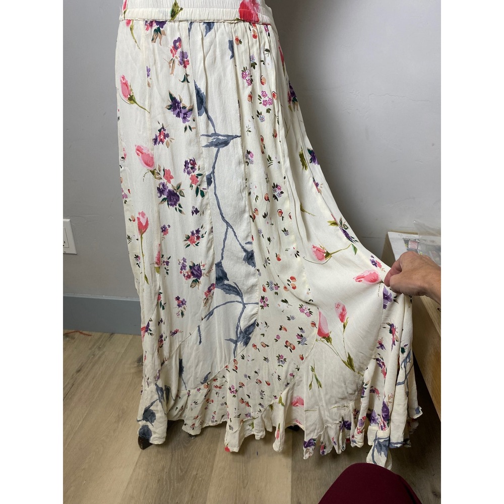 VTG 90's Floral Print Ruffle Hem Maxi Skirt Cream  Boho Fairycore Cottgecore